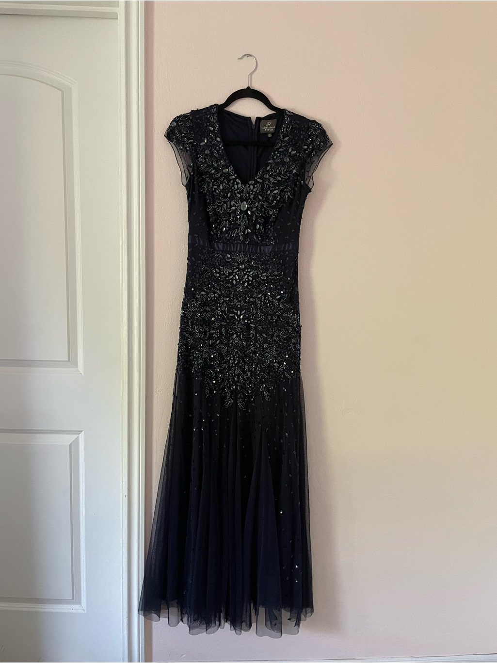 Adrianna Papell Navy Embellished V-Neck Maxi Gown
